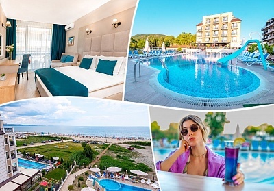 На брега на морето в Кранево. Нощувка на човек на база All inclusive + басейн + шезлонг и чадър на плажа от хотел Верамар Бийч****. Дете до 11.99г. - безплатно