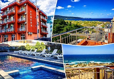 Лято в Приморско на 30м от плажа, нощувка със закуска и вечеря + басейн в хотел Венера