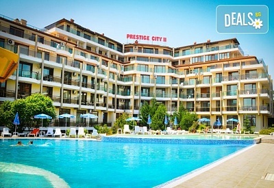 На първа линия в хотел Престиж Сити 2*, Приморско! Нощувка на база All Inclusive, басейн, шезлонг и чадър, безплатно за дете до 11.99 г.