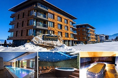  Почивка край Банско: Нощувка на човек със закуска или закуска и вечеря + басейн с минерална вода и релакс зона от Корнелия Делукс Резиденс 