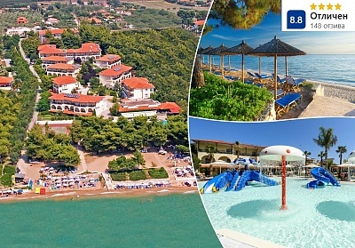 Промо оферта през май на първа линия в Hotel Portes Beach****, Неа Потидея, Гърция! Нощувка за ДВАМА със закуска и вечеря + басейни. Дете до 12г. безплатно!
